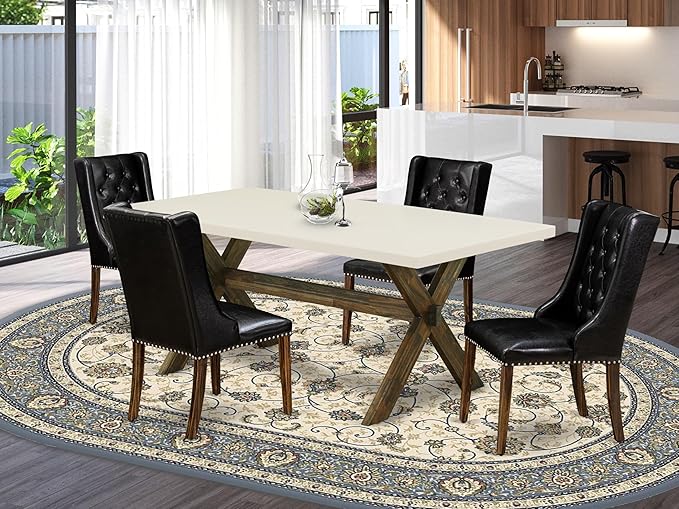 East West Furniture X727FO749-5 5 Piece Modern Dining Table Set Includes a Rectangle Wooden Table with X-Legs and 4 Black Faux Leather Parson Dining Chairs, 40x72 Inch, Multi-Color