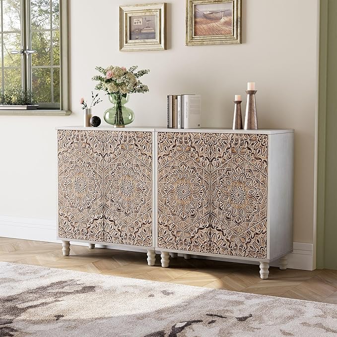 COSIEST Set of 2 32" Buffet Sideboard Cabinets with Vintage Firework Carved Pinewood Doors, Push-to-Open, Storage Accent Cabinet for Living Room, Kitchen, Hallway, Gray