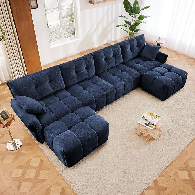 Modern Chenille Fabric 4-Seat Sofa w/Two Ottoman+2 Pillows, Premium Upholstery Living Room Couch with Tufted Backrest & Comfortable Armrests and High-Resilience Memory Foam Cushions,Blue