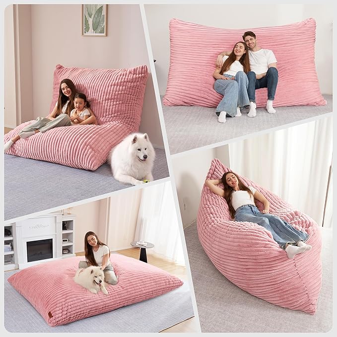 HABUTWAY 4-in-1 Bean Bag Chair, Convertible Chair with High-Density Memory Foam Filling & Machine Washable Cover, Giant Bean Bag Chair for Adults (Pink)
