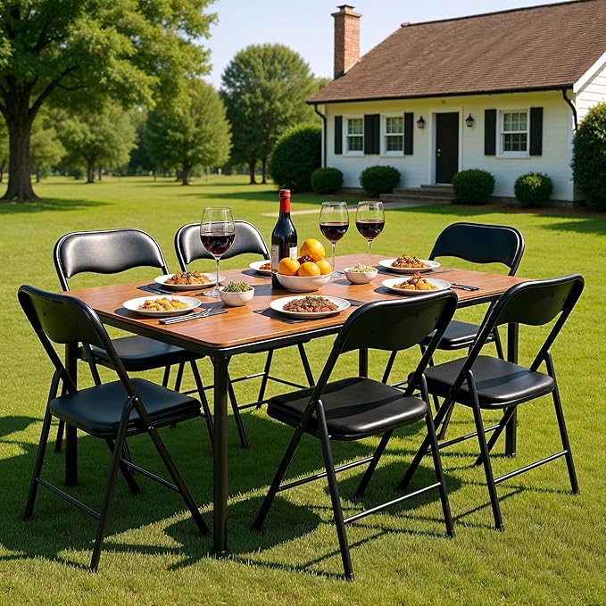 HealSmart 2 Pcs Folding Chairs with Leather Padded Cushion Seats, Back & Sturdy Metal Frame, Stackable, Portable, Commercial Event Seat, Indoor Outdoor for Parties, Home Event, Office, Black