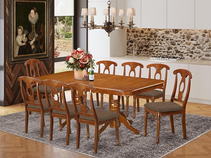 East West Furniture NANA9-SBR-C 9 Piece Kitchen Table Set Includes a Rectangle Dining Table with Butterfly Leaf and 8 Linen Fabric Dining Room Chairs, 40x78 Inch, Saddle Brown