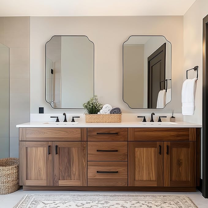 Black Wall Mirror, 24"x36" Black Scalloped Mirror, Unique Curved Edge Design, Anti-Rust SUS304 Frame, Hangs Vertical or Horizontal