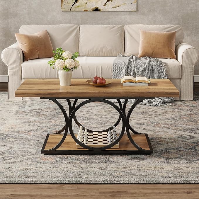 Tribesigns Rectangle Coffee Table, 47.24-inch Rustic Coffee Tables for Living Room, 2-Tier Farmhouse Wooden Coffee Table with Geometric Metal Legs, Home Furniture with Storage Shelf (Brown & Black)