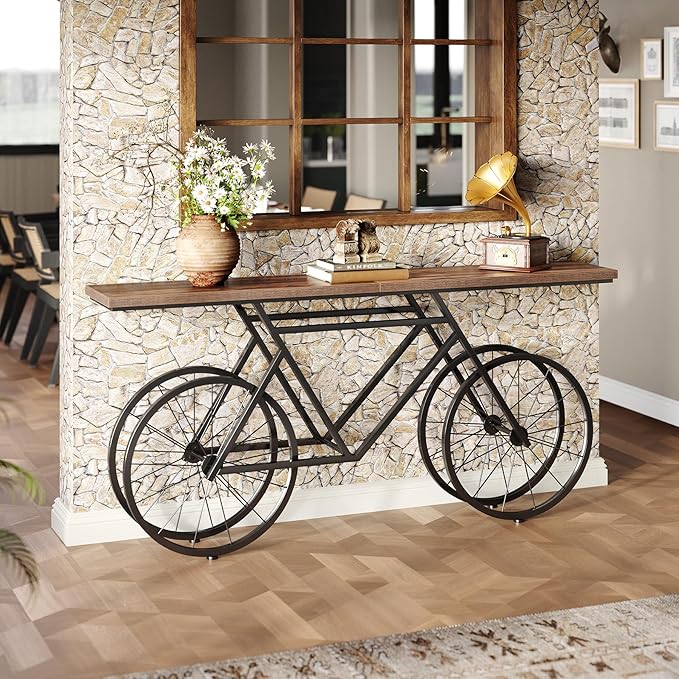 LITTLE TREE Narrow Sofa Table, 70.9-Inch Extra Long Console Table for Living Room, Entryway, with Unique Bicycle Metal Base. Rustic Brown