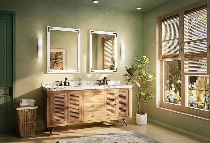 TETOTE 24 x 32 White Wood Mirror for Bathroom Wall/Bedroom/Living Room/Entryway Farmhouse Rustic Wall Mirror for Over Sink Waterproof (Horizontal/Vertical Mounted)