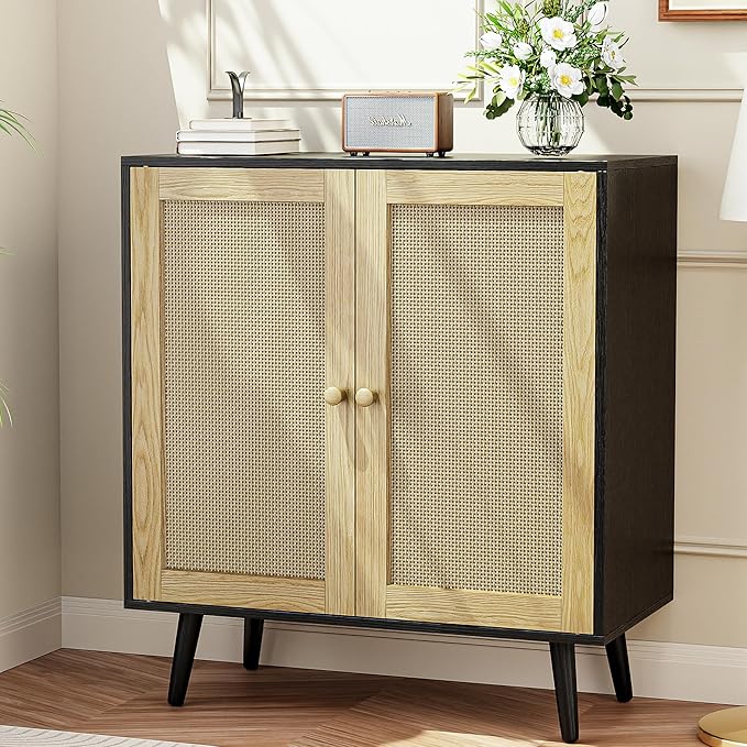 Rattan Sideboard Buffet, Accent Cabinet Cupboard Console Small Cabinet with Doors and Adjustable Shelve for Kitchen & Entryway Storage, Black