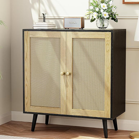 Rattan Sideboard Buffet, Accent Cabinet Cupboard Console Small Cabinet with Doors and Adjustable Shelve for Kitchen & Entryway Storage, Black