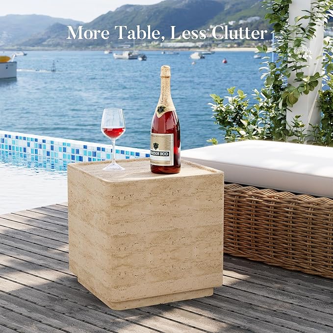COSIEST 14.4" Outdoor Side Table, Rectangular Concrete End Table for Patio Small Outdoor Coffe Tables, Garden Stool Accent Table for Livingroom, Porch, Deck, Balcony & Beach，Sandy Yellow