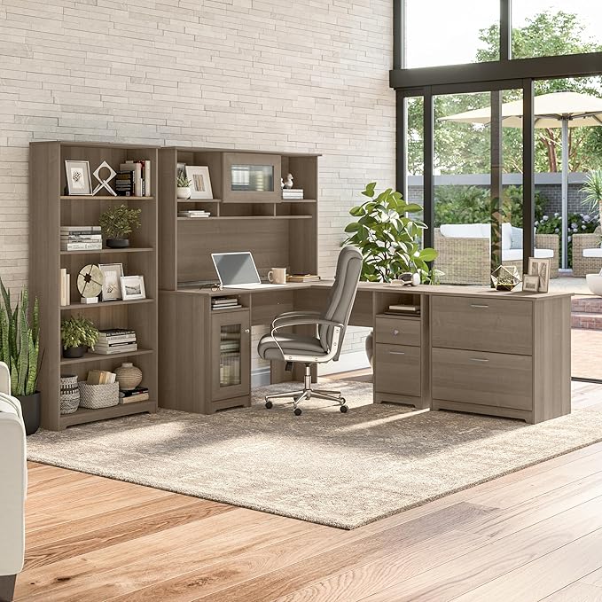 Bush Furniture Cabot L Shaped Computer Desk in Ash Gray | Corner Table with Drawers for Home Office
