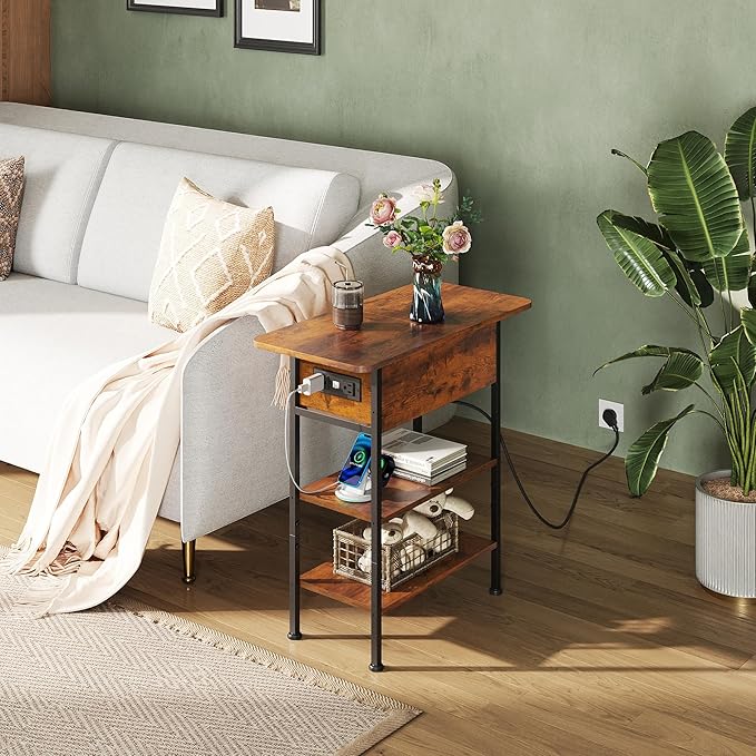 WLIVE End Table with Charging Station, Flip Top Side Table with Storage Shelf, Narrow Bedside Table for Living Room, Sofa Couch Table with USB Ports and Outlets, Bedroom Nightstand, Rustic Brown