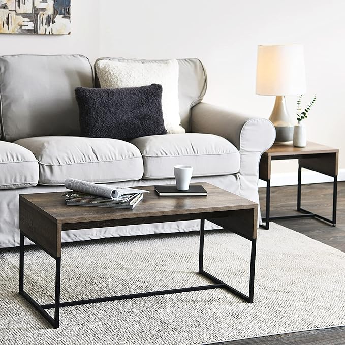 Household Essentials Wrap Rectangular Coffee Table Ashwood Rustic Wood Grain and Black Metal