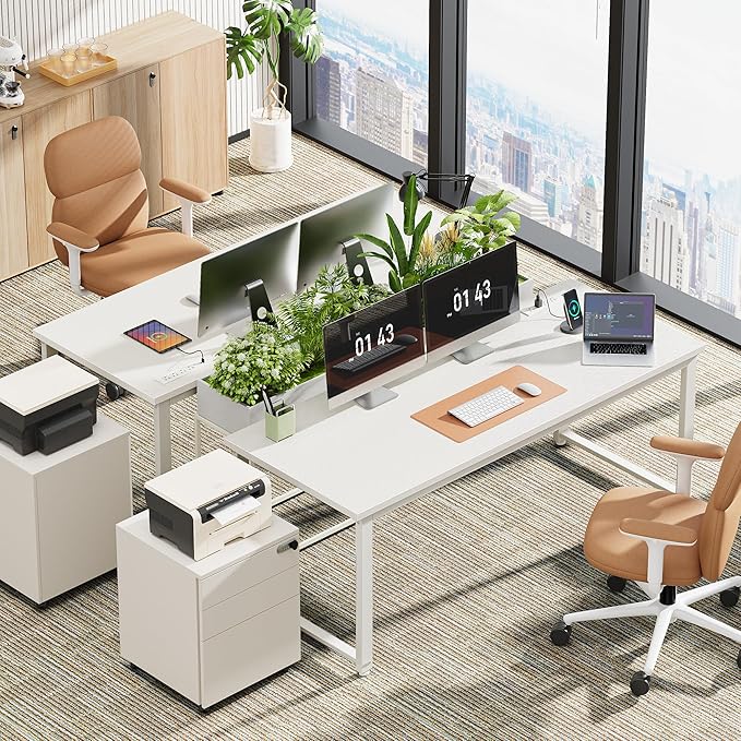 Huuger 55 x 24 inch Desk with Power Outlets & USB-C, Deeper & Thicker Desktop, Robust Metal Tubes, Computer Desk, Heavy Duty Office Desk, Work Gaming Desk for Home Office, White