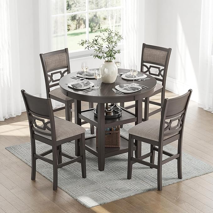 Signature Design by Ashley Wrenning Modern Diamond Patterned Counter Height Dining Table and 4 Upholstered Bar Stools with 2 Shelves, Set of 5, Gray & Light Gray