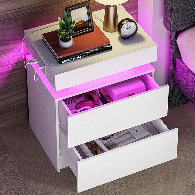 LIKIMIO Night Stand with Charging Station, Modern White Nightstand with LED Light and Drawers, Bedside Tables/End Table for Bedroom