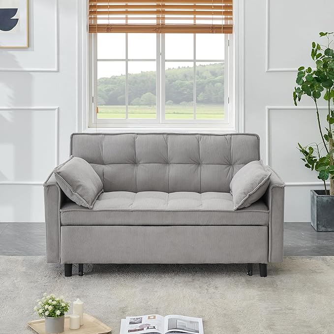Ball & Cast Convertible Sofa Bed,Pull Out Loveseat Sleeper Sofa,Convertible Pull Out Couch W/2 Pillows,Adjustable Backrest & Side Pocket,Corduroy Futon Couches for Living Room,Apartment,Light Gray,54"