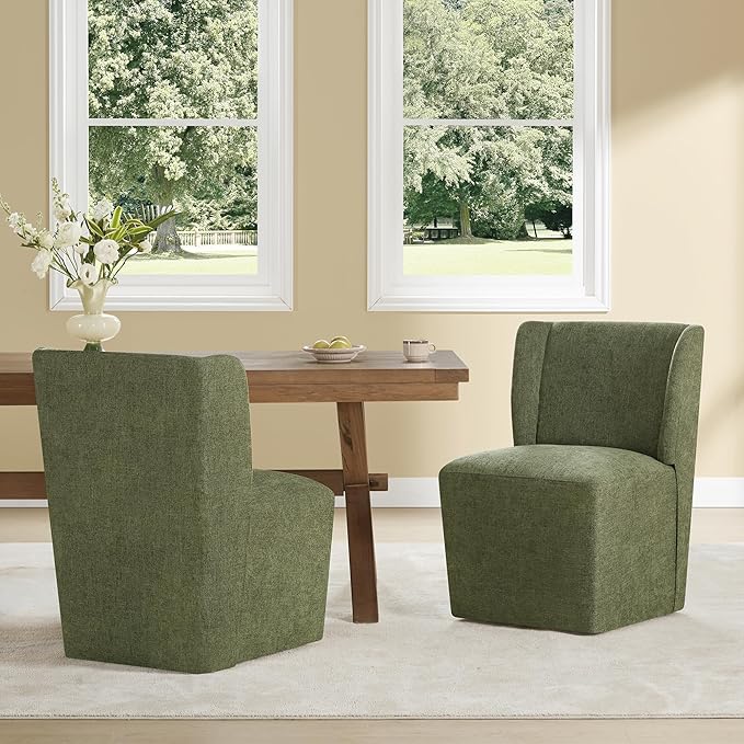 Upholstered Dining Chair with Casters Wingback Modern Side Armless Deskchair with Rollers for Diningroom Bedroom Livingroom Reading Room,Green,1 Box