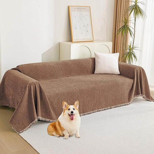 MYSKY HOME Loveseat Cover Camel Couch Cover Sectional Couch Covers for 2 Cushion Couch Sofa Thick Universal Chenille Sofa Cover with Tassel Durable Furniture Protector for Dogs 91" x 118"