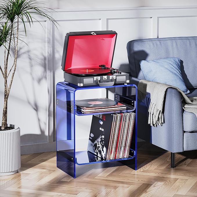 Acrylic Record Player Table with Storage Shelf, Clear Side Table Nightstand (Dark Blue)