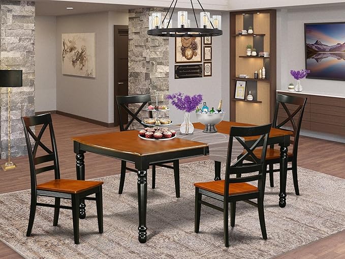 East West Furniture DOQU5-BCH-W 5 Piece Modern Dining Table Set Includes a Rectangle Wooden Table with Butterfly Leaf and 4 Kitchen Dining Chairs, 42x78 Inch, Black & Cherry