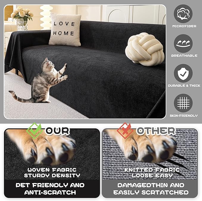 MYSKY HOME Black Couch Covers for Sectional Sofa, Couch Covers for Dogs Washable Couch Cover Blanket, Non Slip Sofa Slipcovers, Super Soft Sofa Towel for Kids, Pets, 91" x 134"