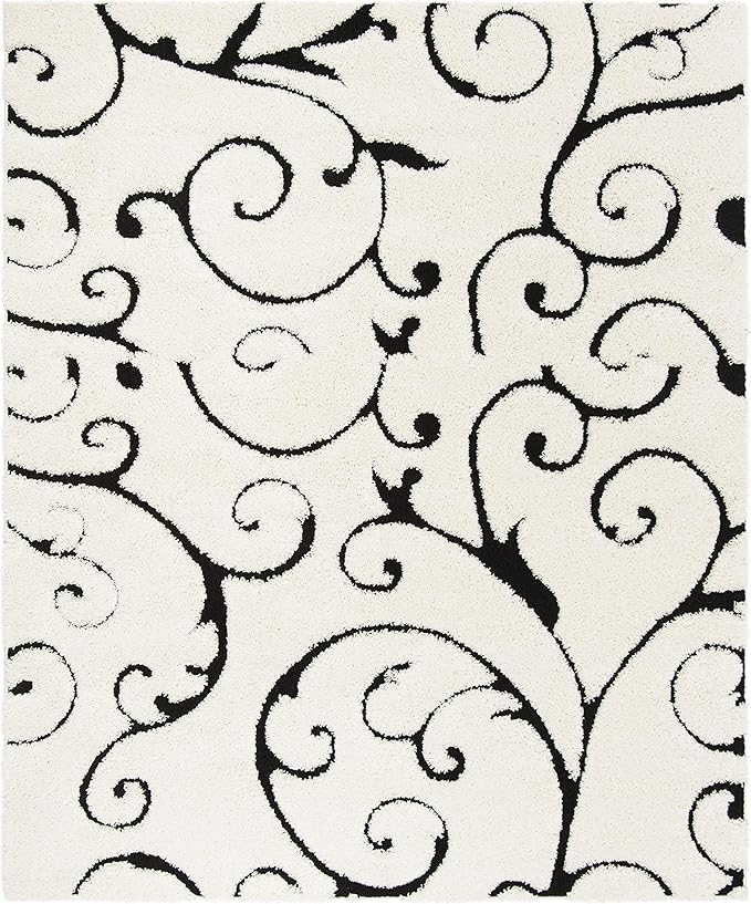 SAFAVIEH Florida Shag Collection Area Rug - 9' Square, Ivory & Black, Scroll Design, Non-Shedding & Easy Care, 1.2-inch Thick Ideal for High Traffic Areas in Living Room, Bedroom (SG455-1290)