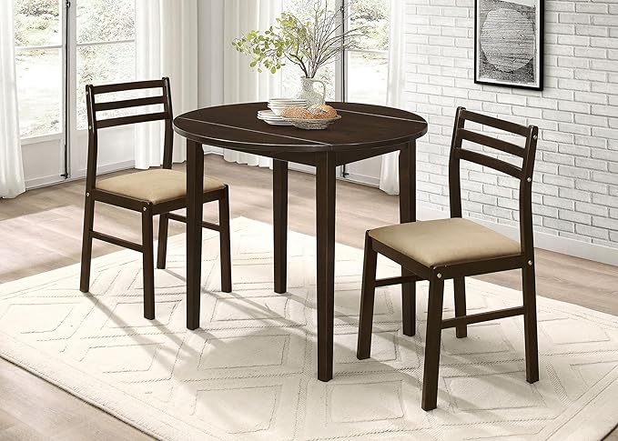 Coaster Home Furnishings 3-Piece Round Wood Dining Room Set Drop Leaf Extension Table Ladder Back Side Chairs Upholstered Seat Cushions Cappuccino and Tan 130005