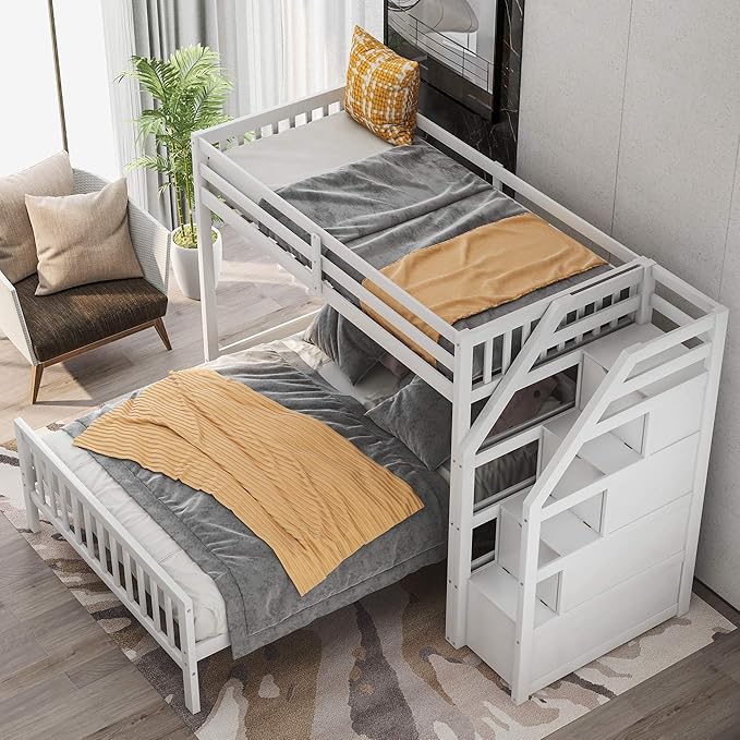 Twin Over Full Wood Loft Bed with Staircase,High Guardrails and Ladder-Handrails,Ladder W/ 3 Storage Grids,Bedroom Furniture for Children,Teens,Adults,White
