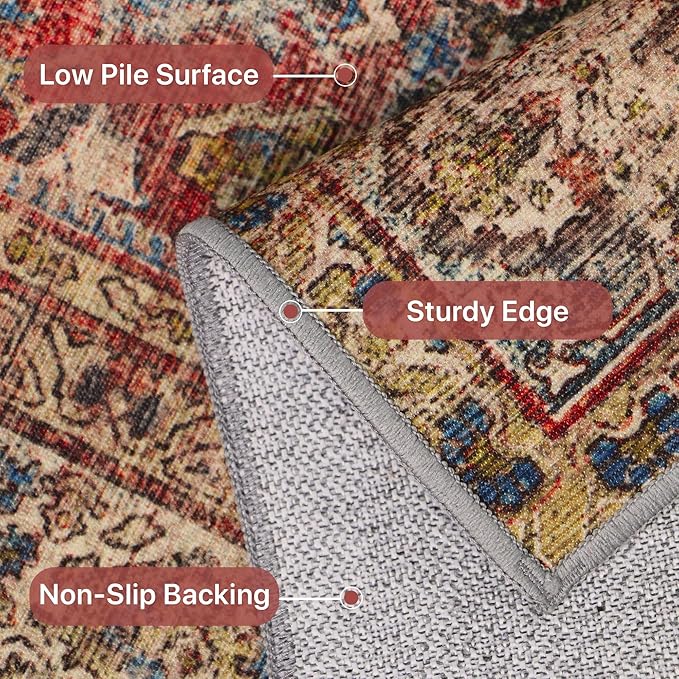 9X12 Area Rugs Machine Washable Rugs for Living Room, Vintage Boho Large Rugs for Bedroom Dining Room, Non Slip Indoor Soft Distressed Lightweight Thin Low Pile Carpet, Rust Red