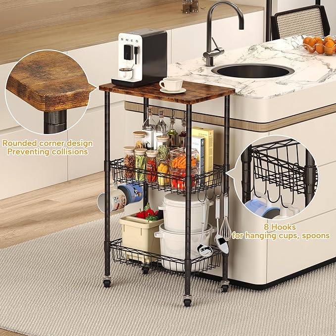 Rolling Kitchen Storage Cart, 3-Tier Storage Rack on Caster Wheels with Adjustable 2 Baskets, Coffee Station Cart Rack Shelf Organizer for Living Room Office, Balcony, Rustic Brown/Black