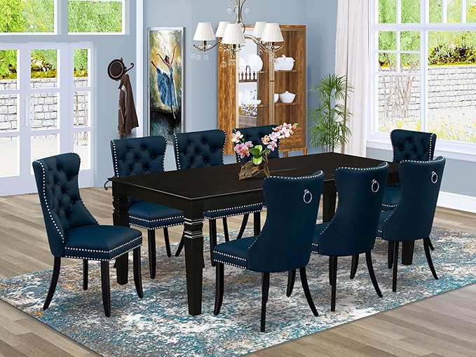 East West Furniture LGDA9-BLK-29 9 Piece Dinette Set Includes a Rectangle Dining Table with Butterfly Leaf and 8 Polyester Fabric Upholstered Chairs, 42x84 Inch, Black