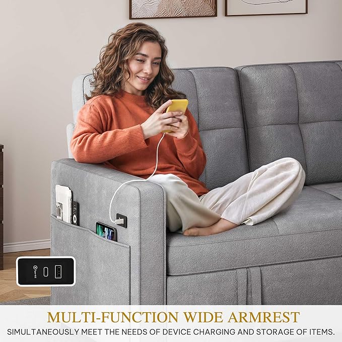 DWVO 55" Convertible Sofa Bed, 3-in-1 Sleeper Sofa with Pull-Out Couch, Velvet Futon Couch with Adjustable Backrest and USB, Modern Loveseat for Living Room Apartment, Light Grey