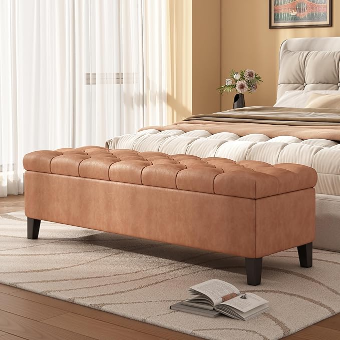 Christopher Knight Home Ottilie PU Leather Storage Ottoman Bench, Wooden Rectangular Ottoman with Storage, Bedroom End of Bed Foot Stool, Entryway Ottoman Footrest, Living Room Extra Seat, Brown