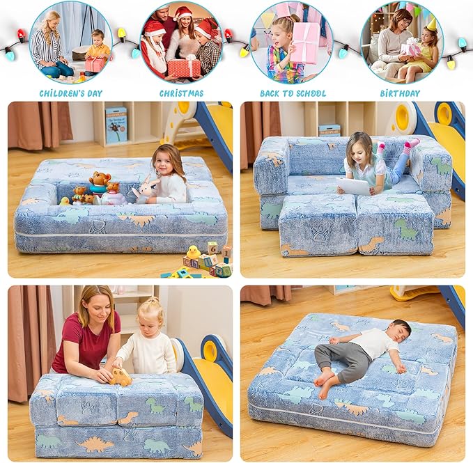 Lamerge Toddler Couch Glow in The Dark Toddler Fold Out Couch for playroom, Convertible Baby Fold Out Play Foam and Floor Cushion for Bedroom (Blue+Dinosaur)