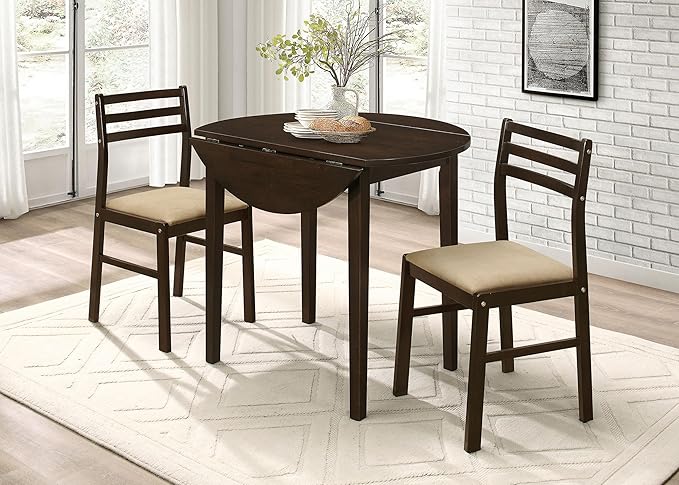 Coaster Home Furnishings 3-Piece Round Wood Dining Room Set Drop Leaf Extension Table Ladder Back Side Chairs Upholstered Seat Cushions Cappuccino and Tan 130005