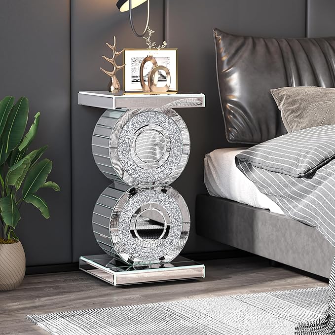 ENENE Mirrored End Table Crushed Diamond Coffee Table for Living Room Small Spaces Side Table for Bedroom Office Hallway Entryway