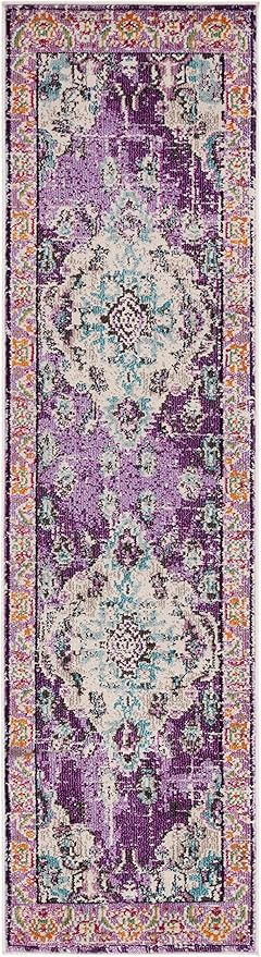 SAFAVIEH Monaco Collection Runner Rug - 2'2" x 10', Violet & Light Blue, Boho Chic Medallion Distressed Design, Non-Shedding & Easy Care, Ideal for High Traffic Areas in Living Room, Bedroom (MNC243L)