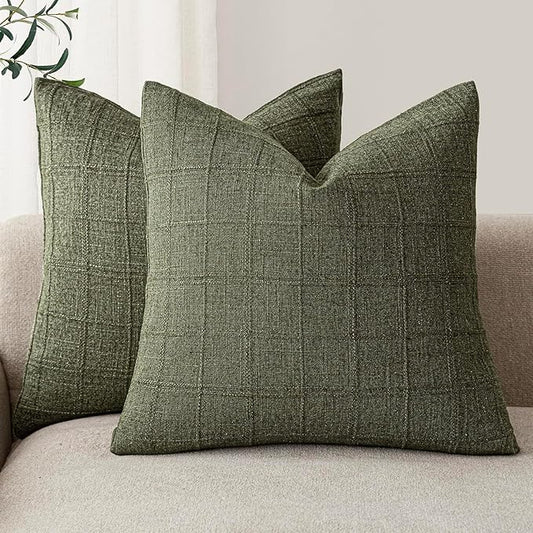 Foindtower Set of 2 Decorative Linen Check Throw Pillow Covers Neutral Farmhouse Vintage Cushion Covers Modern Boho Home Decor for Sofa Chair Couch Bedroom Living Room Outdoor,26×26 Inch,Olive Green