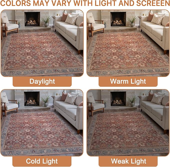 8X10 Area Rugs Machine Washable Rugs for Living Room, Vintage Boho Large Rugs for Bedroom Dining Room, Non Slip Indoor Soft Distressed Lightweight Thin Low Pile Carpet, Red Brown