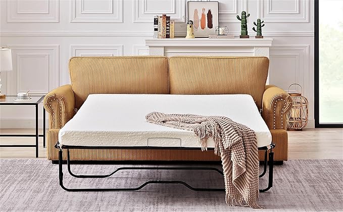 Reversible Sleeper Sofa Bed with Comfortable Memory Foam Mattress, Convertible Corduroy Full Size Pull Out Couch for Living Room, Space Saving Furniture, 72" Wide, Rounded Arms, Ginger