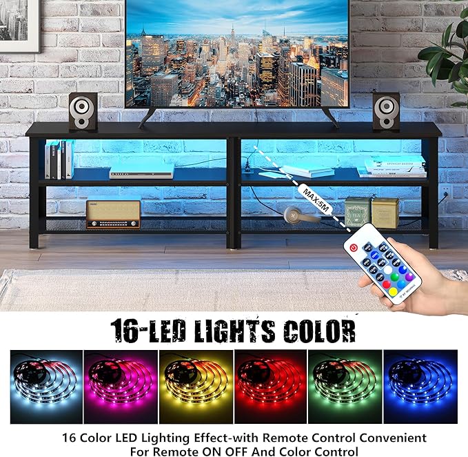 Clikuutory Modern Black 71 inch Metal TV Stand with LED Lights and Power Outlets for 50 60 65 70 75 80 Inch TVs, 3 Tier Television Stands with Entertainment Center and Storage for Living Room, Bedroom