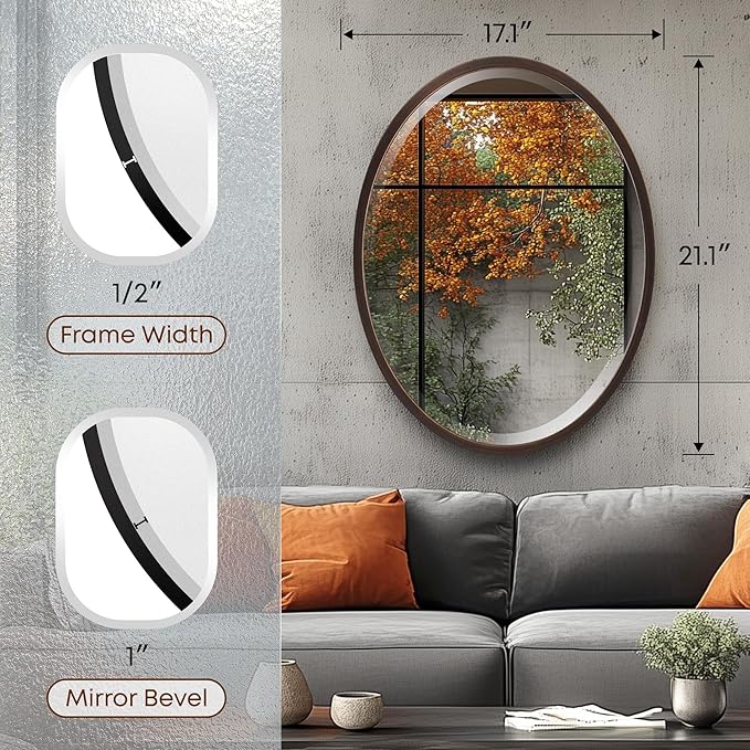 OVALCREST - Oval Wooden Beveled Wall Mirror for Home Decor, Bathroom, Vanity, Bedroom, Living Room, Hallway - London Style (Rubbed Bronze) 17.1 x 21.1
