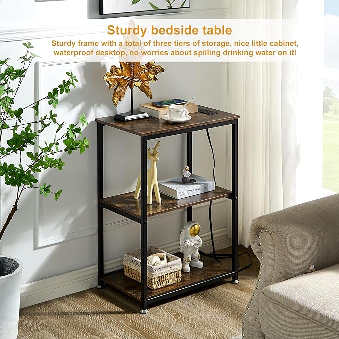 VECELO Tall End Table with Charging Station, Side Table with USB Ports and Outlets, 30" Height Nightstand with 3-Tier Storage Shelf for Living Room Bedroom Office Hallway Study