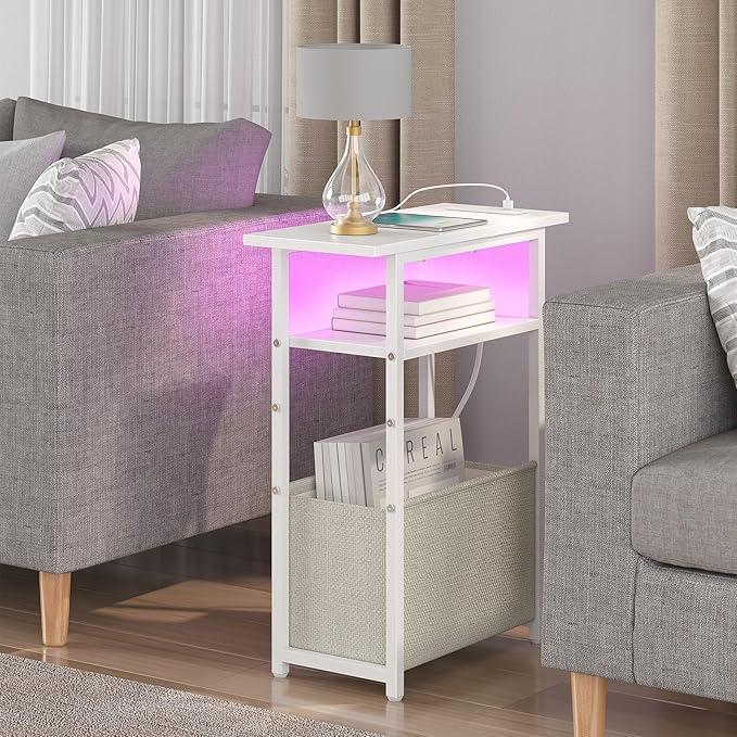 Narrow Side Table with Charging Station, LED End Table for Small Spaces, Skinny White Nightstands with Storage Basket, 3 Tier Sofa Bedside Tables for Living Room,Bedroom, White