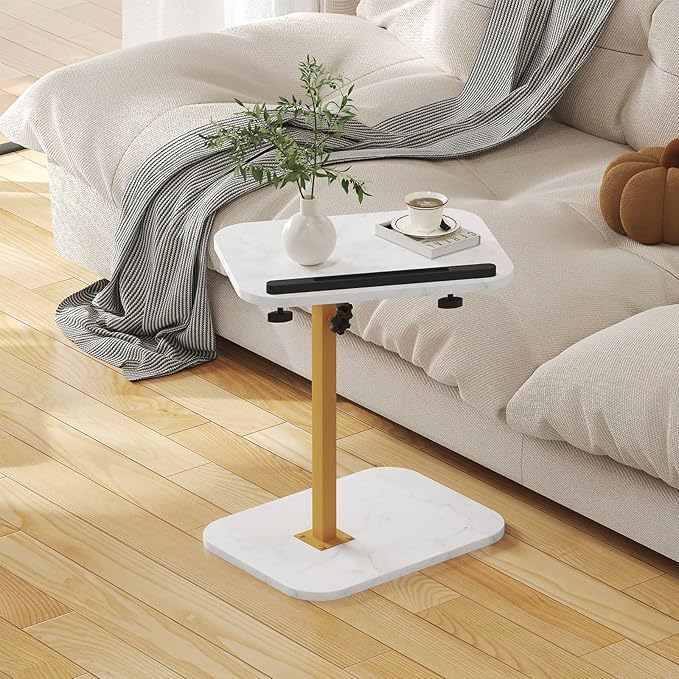 Sofa Couch Arm Table Tv Tray Small Bed Stand C Shaped Side End Tables for Living Room, Bedroom, Marble
