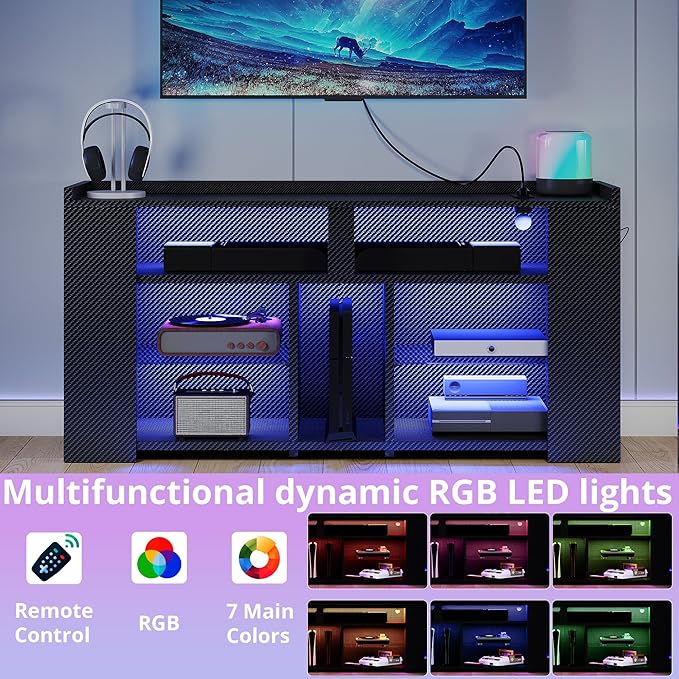 IRONCK Entertainment Center with Storage, 47 Inch Tall TV Stand W/Power Outlet, LED Gaming TV Cabinet for PS4, Black TV Stand with Carbon Fiber