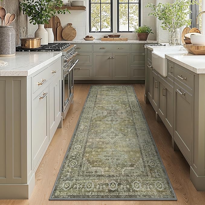 GENIMO Runner Rug 2x5 Non Slip Machine Washable Vintage Hallway Runner Rugs, Low Pile Lightweight Mat for Living Room, Entryway, Bedroom, Kitchen and Corridor, Distressed Sage