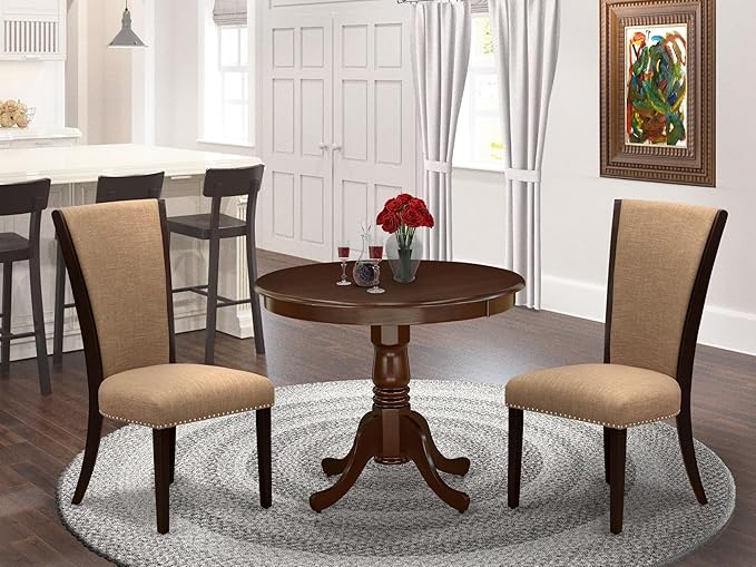 East West Furniture ANVE3-MAH-47 3 Piece Dining Table Set for Small Spaces Contains a Round Kitchen Table with Pedestal and 2 Light Sable Linen Fabric Parson Chairs, 36x36 Inch, Linen White