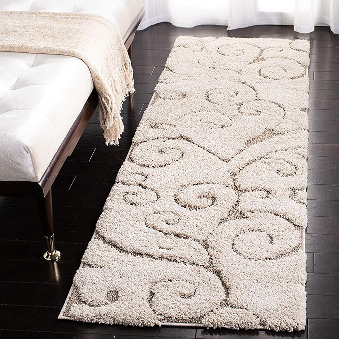 SAFAVIEH Florida Shag Collection Runner Rug - 2'3" x 19', Cream & Beige, Scroll Design, Non-Shedding & Easy Care, 1.2-inch Thick Ideal for High Traffic Areas in Living Room, Bedroom (SG455-1113)