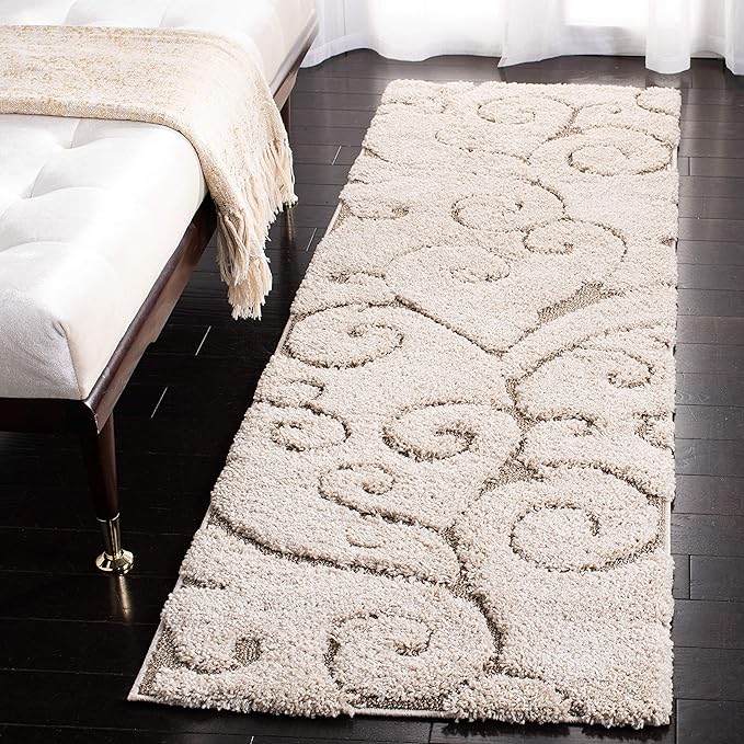 SAFAVIEH Florida Shag Collection Runner Rug - 2'3" x 15', Cream & Beige, Scroll Design, Non-Shedding & Easy Care, 1.2-inch Thick Ideal for High Traffic Areas in Living Room, Bedroom (SG455-1113)